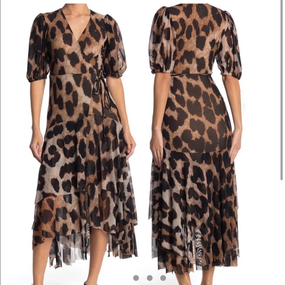 Ganni leopard print mesh wrap midi dress